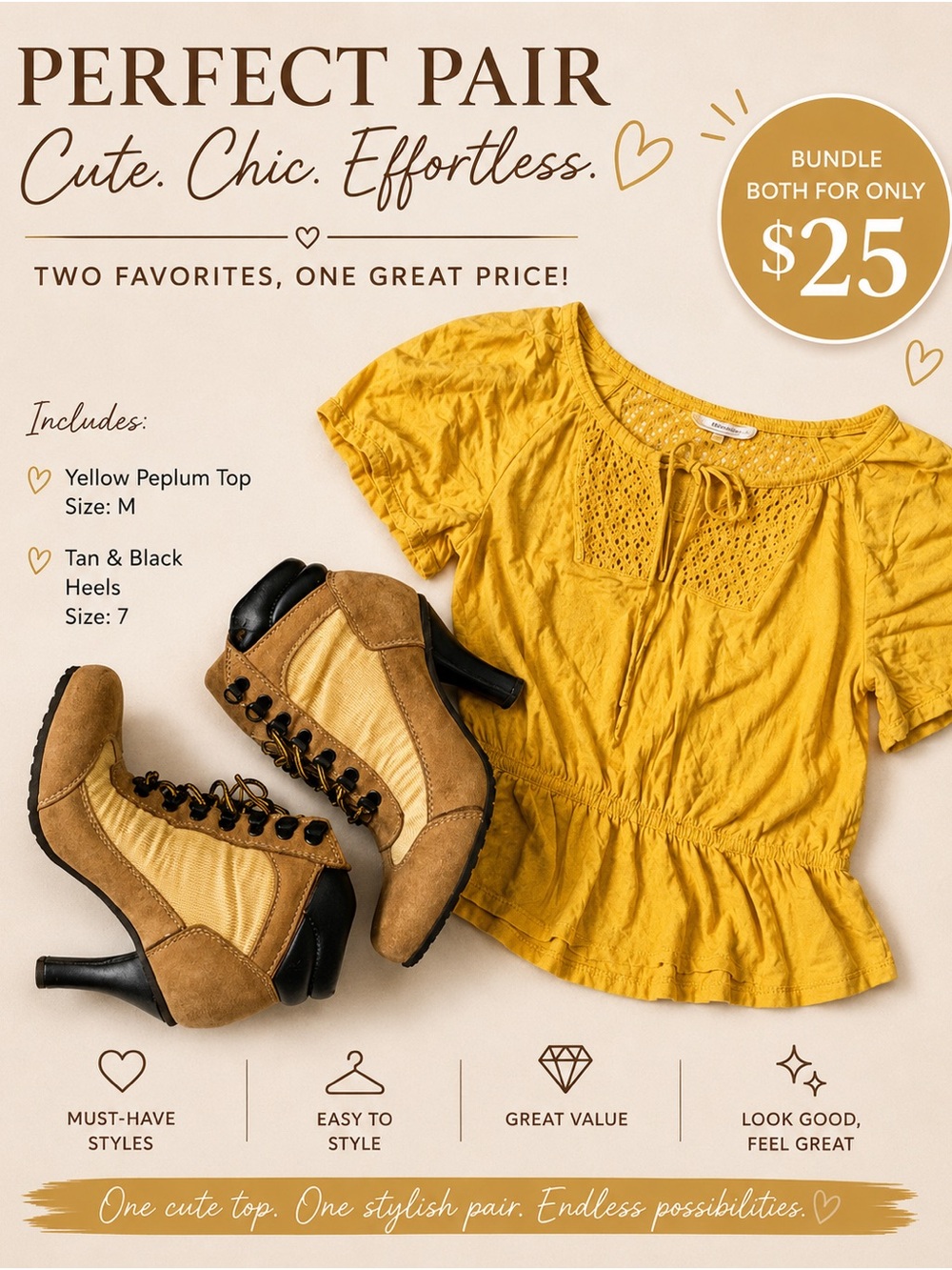 Derek Heart Yellow Peplum Eyelet Tie-Neck Top